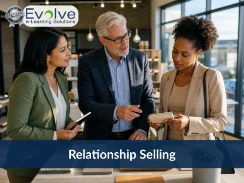 Relationship Selling course graphic showing three business professionals discussing material samples