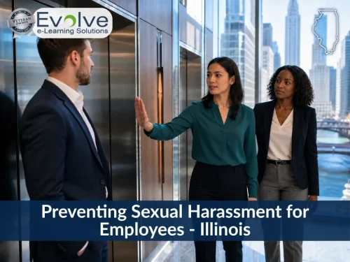 Preventing Sexual Harassment for Employees - Illinois. Woman making a stop gesture. Evolve e-Learning Solutions