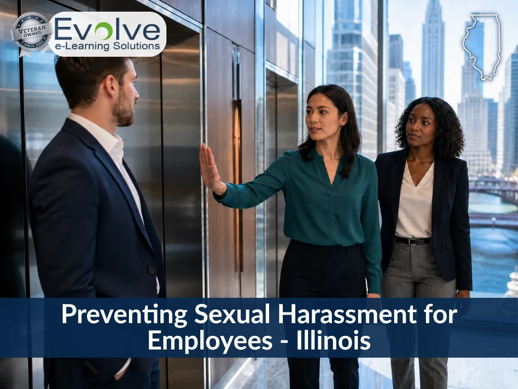 Preventing Sexual Harassment for Employees - Illinois. Woman making a stop gesture. Evolve e-Learning Solutions
