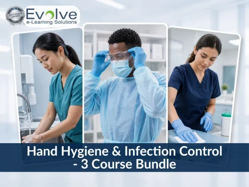 Evolve e-Learning Solutions Hand Hygiene & Infection Control 3 Course Bundle. Images show handwashing, PPE, and cleaning