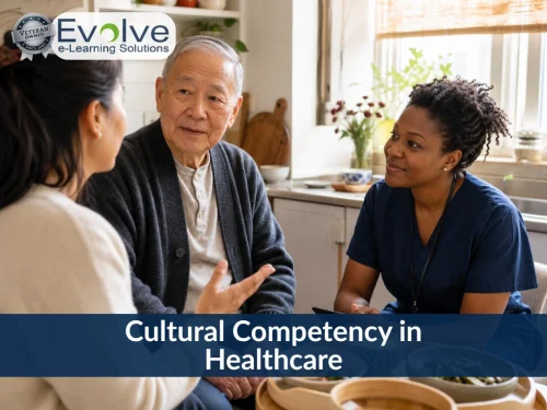 A healthcare worker listening to an elderly man and woman, with text reading: Cultural Competency in Healthcare