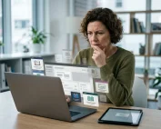 Overwhelmed customer shopping major e-learning providers.