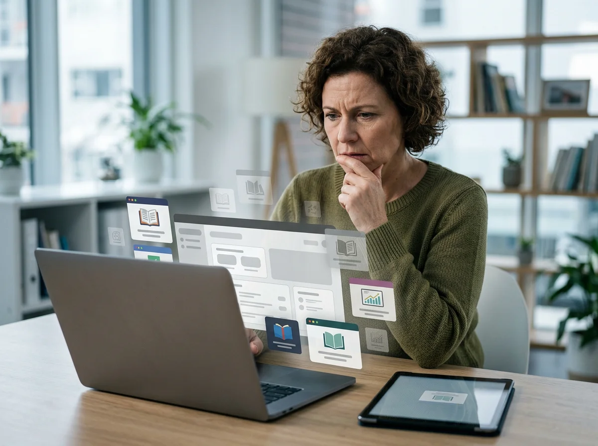 Overwhelmed customer shopping major e-learning providers.