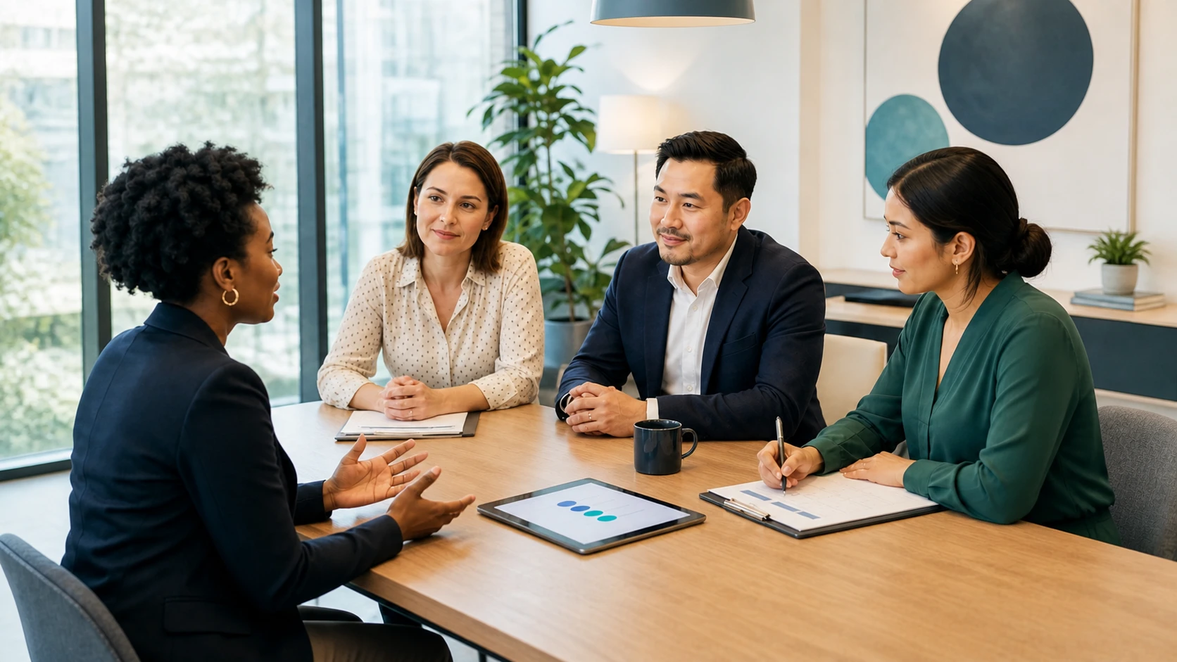 Hiring managers using a structured scorecard during a behavioral interview with a job candidate