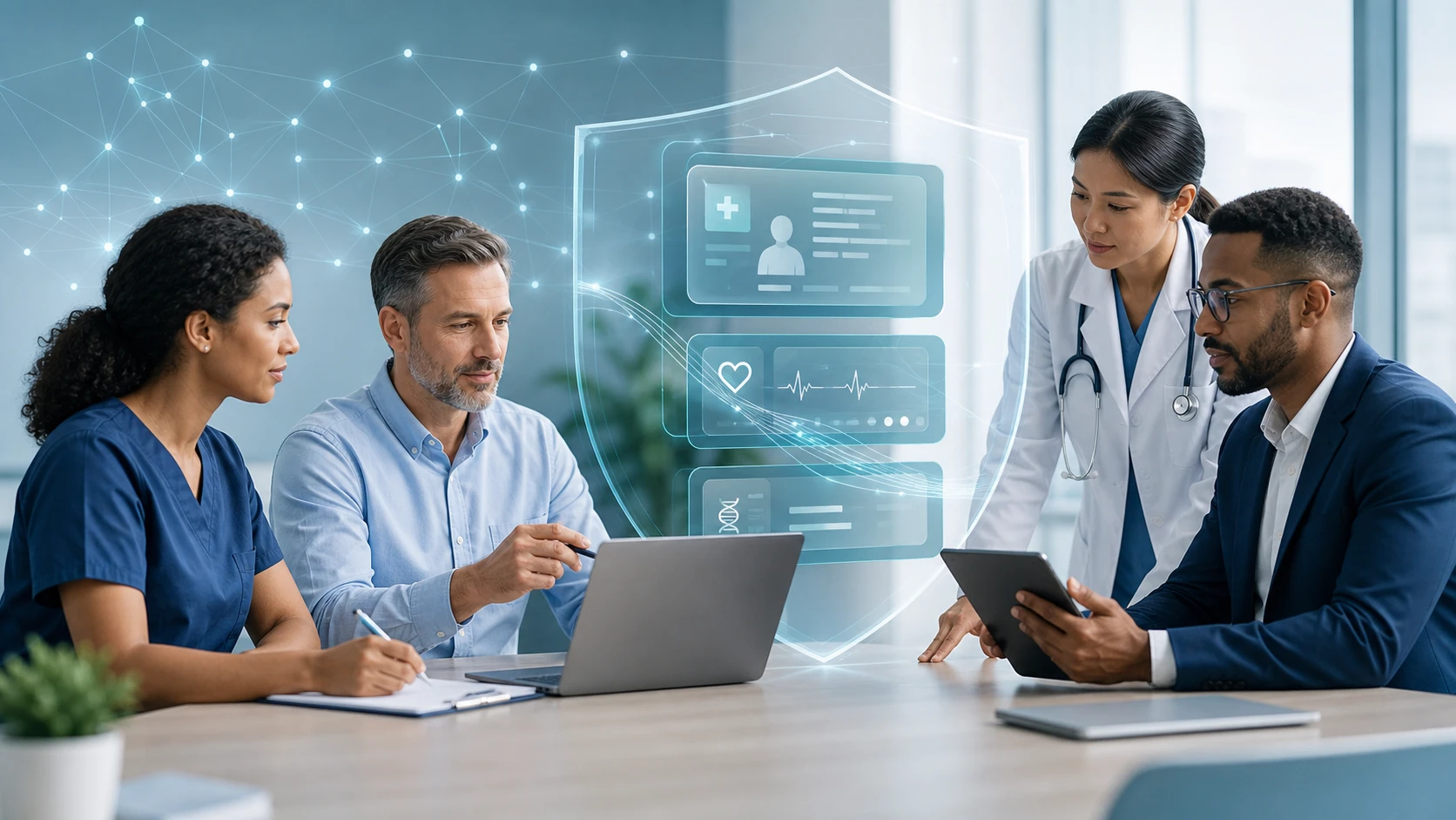 Diverse professionals reviewing medical data protected by a digital security shield