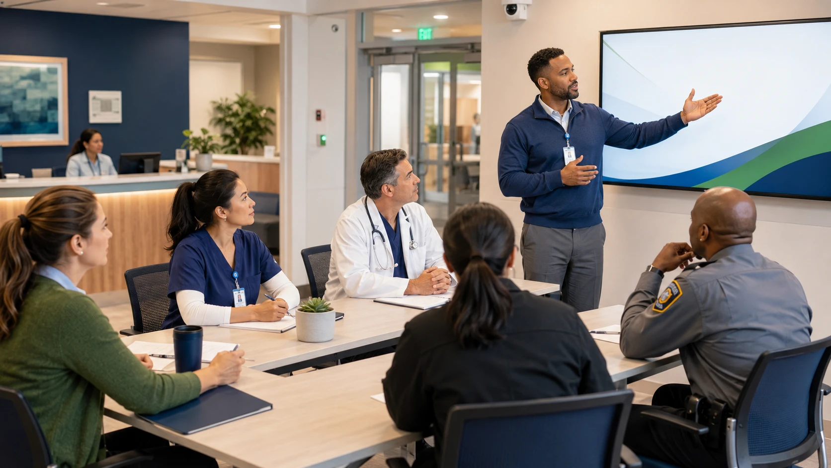A speaker presents to healthcare workers and security personnel seated around a meeting table