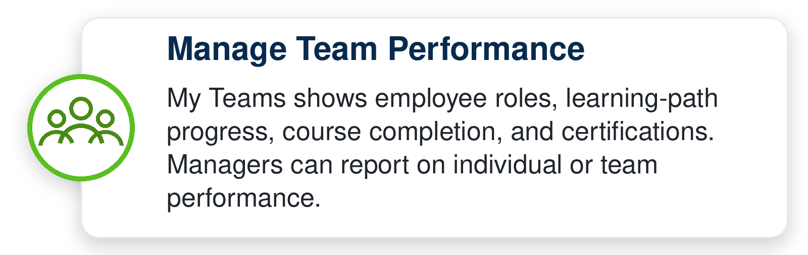 Managers use My Teams to monitor roles, learning-path progress, course completion, certifications, and individual or team performance.