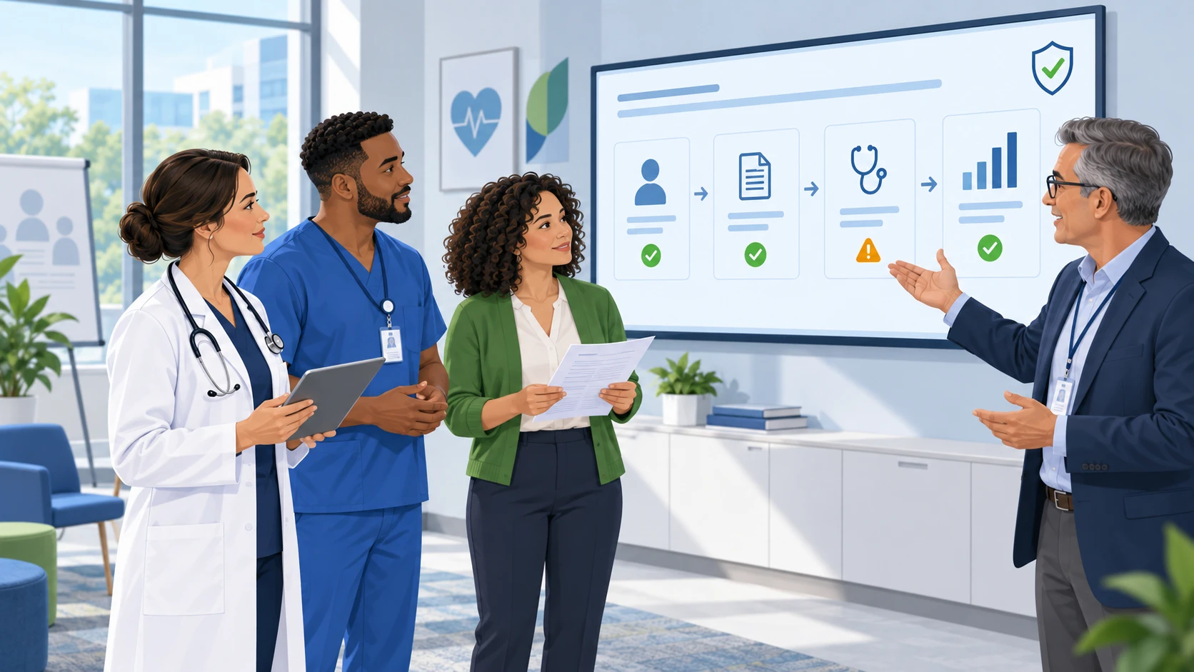 Healthcare professionals reviewing clinical documentation and billing information during fraud, waste, and abuse compliance training