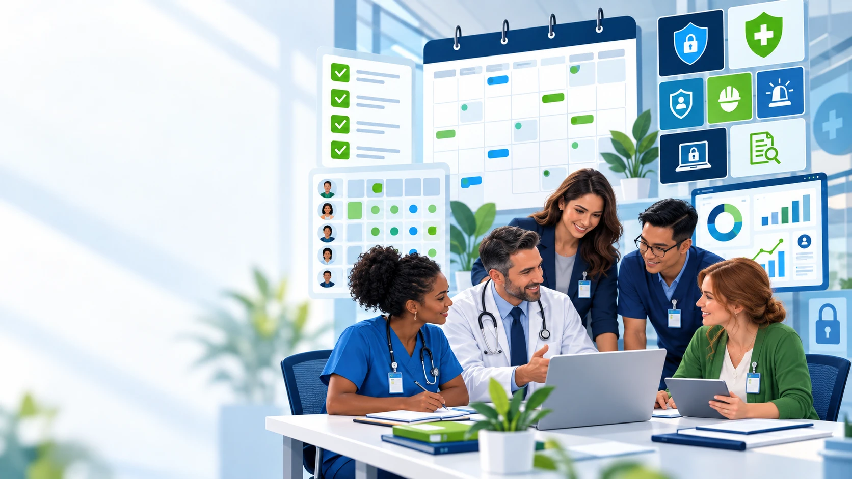 Healthcare compliance leaders reviewing a 2027 employee training calendar and role matrix